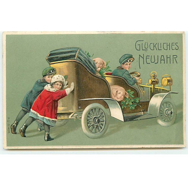 n°20671 - Carte Gaufrée - Gluckliches Neujahr - Enfants et cochons dans une Automobile
