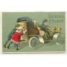 n°20671 - Carte Gaufrée - Gluckliches Neujahr - Enfants et cochons dans une Automobile