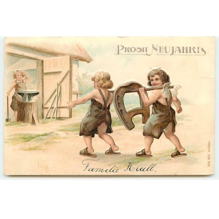 n°20674 - SER 507 n°2941 - Carte Gaufrée - Prosit Neujahr - Angelots portant un fer à cheval - Forgeron