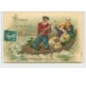 n°11085 - Carte Fantaisie Gaufrée - Bonne  Année - Famille dans une Barque avec des sacs de  Pièces d'Or