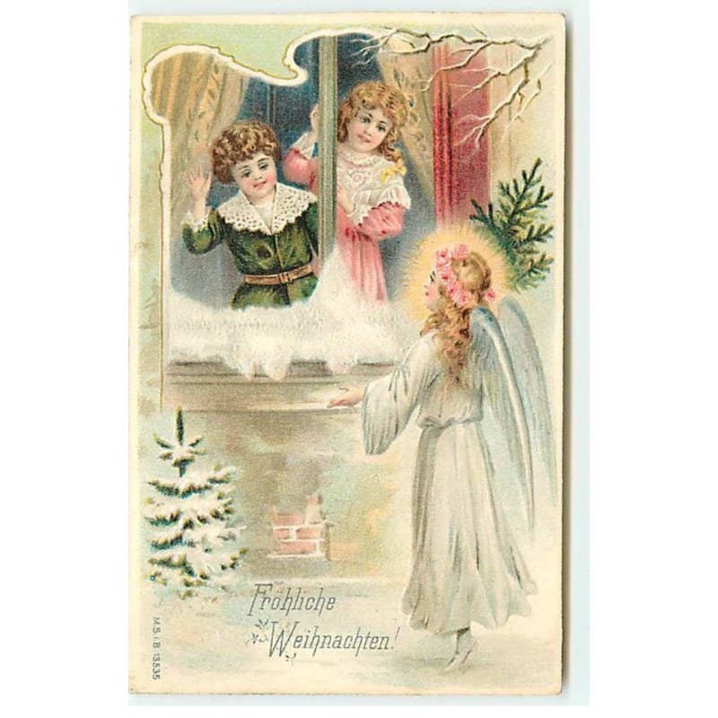 n°20684 - Carte Gaufrée - Frohliche Weihnachten - Enfants à la Fenêtre et Ange Gardien