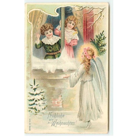 n°20684 - Carte Gaufrée - Frohliche Weihnachten - Enfants à la Fenêtre et Ange Gardien