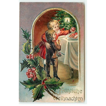 n°20685 - Carte Gaufrée - Frohliche Weihnachten - Enfant prenant une pomme sur une Table