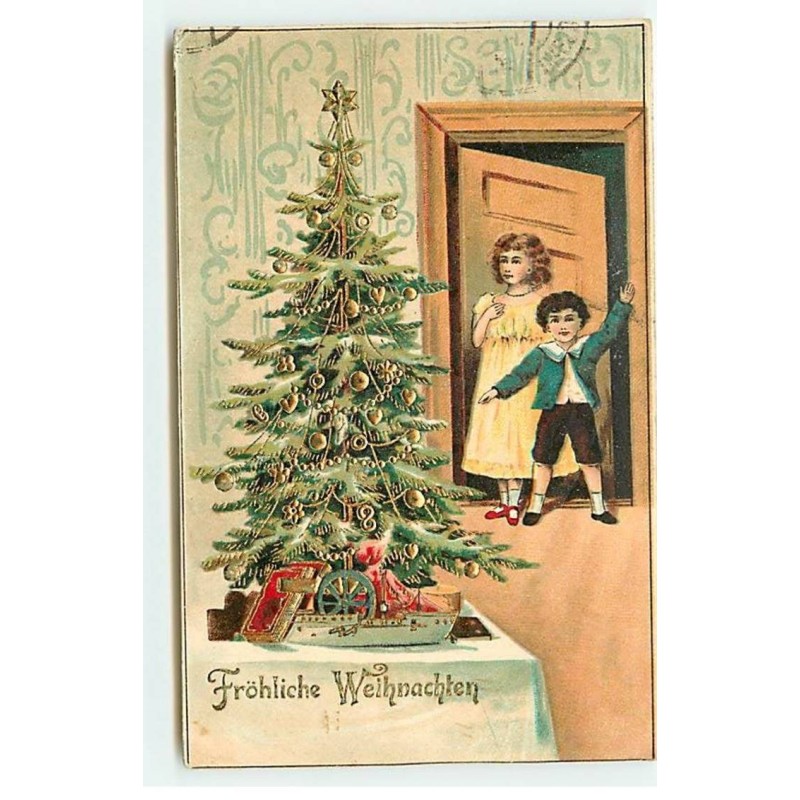 n°20687 - Carte Gaufrée - Frohliche Weihnachten - Enfants découvrant le sapin de Noël