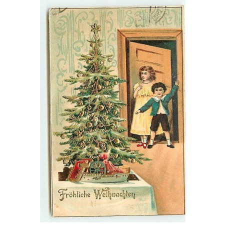 n°20687 - Carte Gaufrée - Frohliche Weihnachten - Enfants découvrant le sapin de Noël