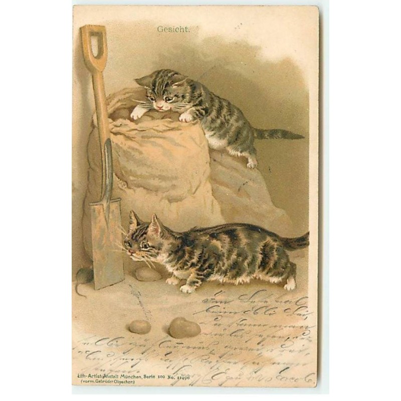 n°20697 - Serie 100 n°21490 - Chats épiant une souris cachée derrière une Pelle