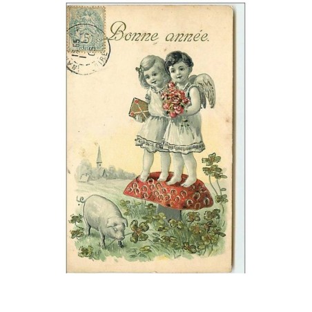 n°11086 - Carte Fantaisie Gaufrée - Bonne  Année - Angelots sur un Champignon - Cochon