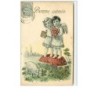 n°11086 - Carte Fantaisie Gaufrée - Bonne  Année - Angelots sur un Champignon - Cochon