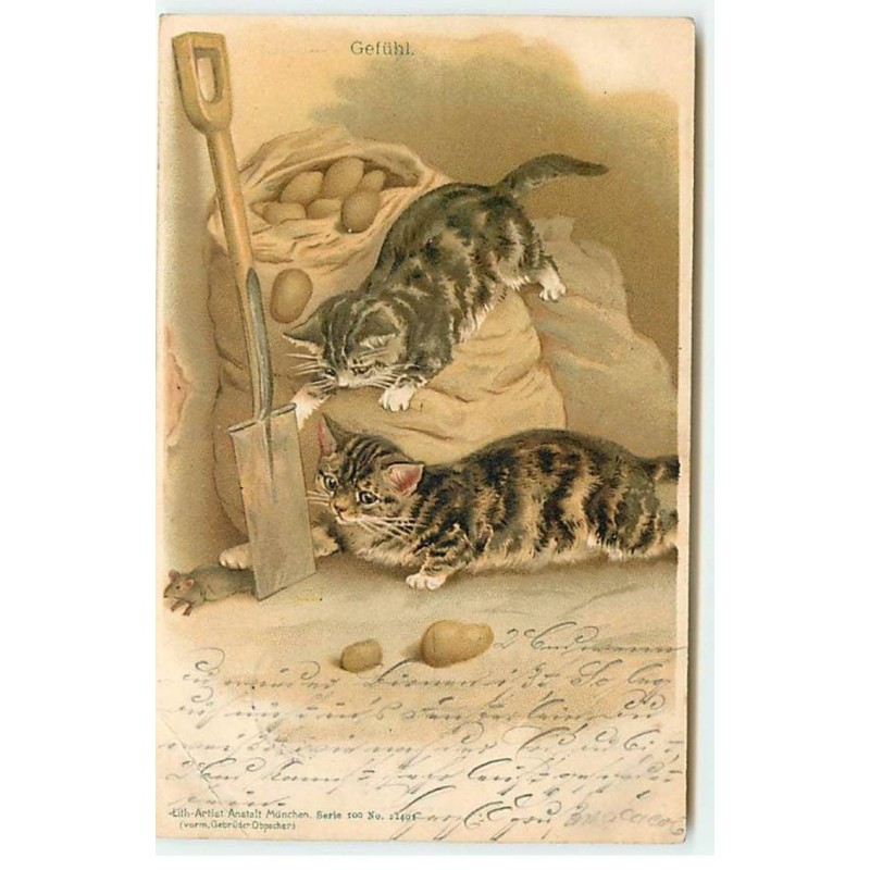 n°20698 - Serie 100 n°21491 - Chats voulant attraper une souris cachée derrière une Pelle