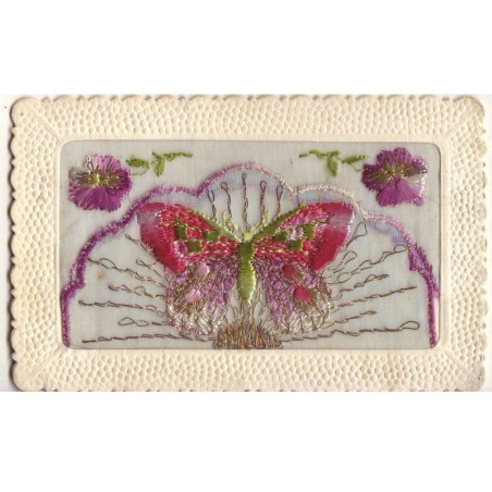 n°20702 - Carte Brodée avec rabat - Papillon et Pensées