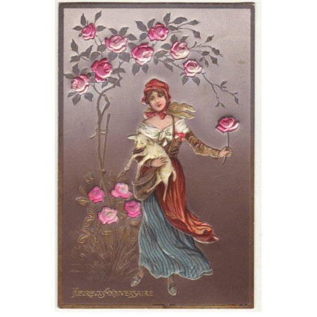 n°20705 - Carte en relief - Heureux Anniversaire - Jeune femme portant un agneau et une rose