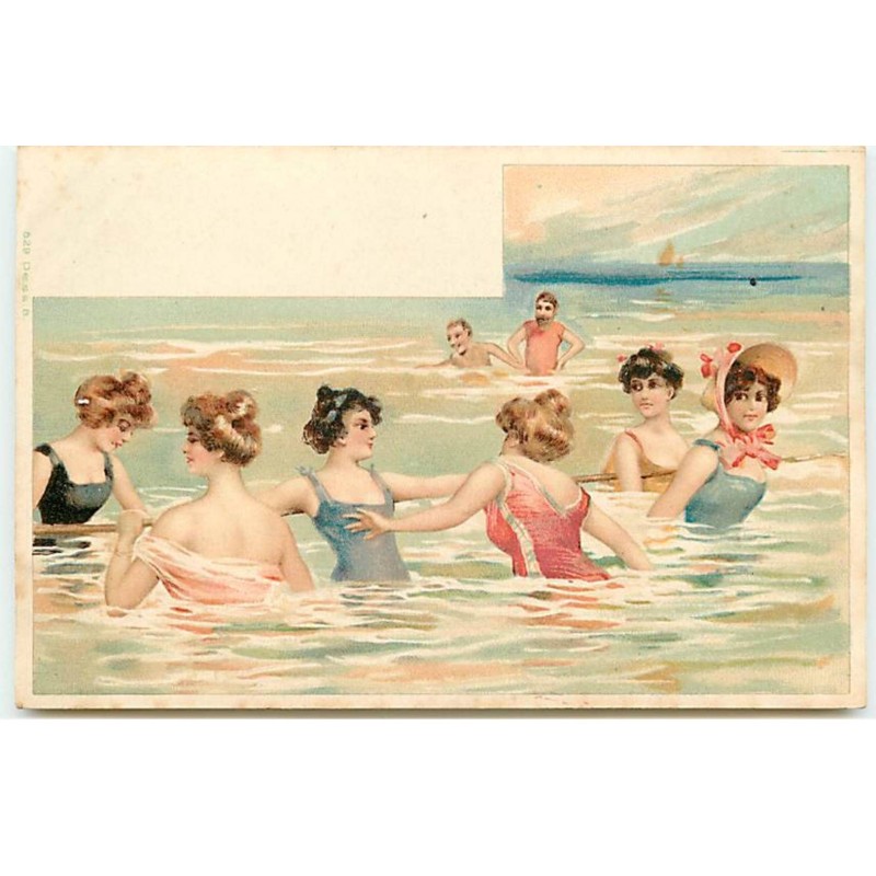 n°20712 - Fantaisie - Jeunes femmes se baignant et se tenant à une corde plongée dans la mer - Baigneuse