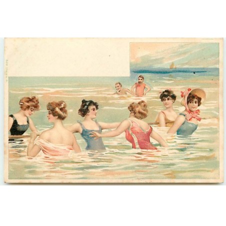 n°20712 - Fantaisie - Jeunes femmes se baignant et se tenant à une corde plongée dans la mer - Baigneuse