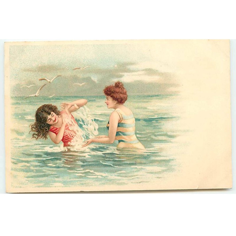 n°20713 - Fantaisie - Deux jeunes femmes se baignant et jouant dans l'eau - Baigneuse