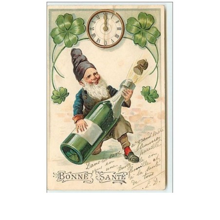 n°11088 - Carte Fantaisie Gaufrée - Bonne Santé - Nain, Lutin débouchant une Bouteille de Champagne