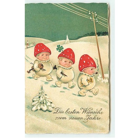 n°20728 - Enfants avec des chapeaux champignons portant des instruments