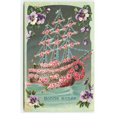 n°20733 - Carte Gaufrée - Bonne Année - Bateau décoré de guirlande de roses