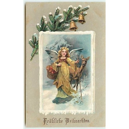 n°10040 - Carte Fantaisie Gaufrée - Fröhliche Weihnachten - Ange et biche
