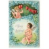 n°20737 - Carte Gaufrée - Doux Souvenir - Anges au milieu de myosotis, l'un faisant une guirlande avec des coeurs