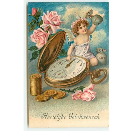 n°20738 - Hartelijke Gelukwensch - Ange règlant une montre entourée de roses - Pièces d'Or