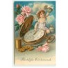 n°20738 - Hartelijke Gelukwensch - Ange règlant une montre entourée de roses - Pièces d'Or