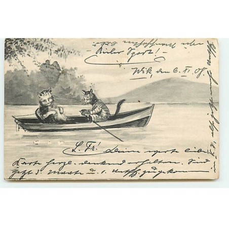 n°20741 - Couple de chats Habillés dans une barque