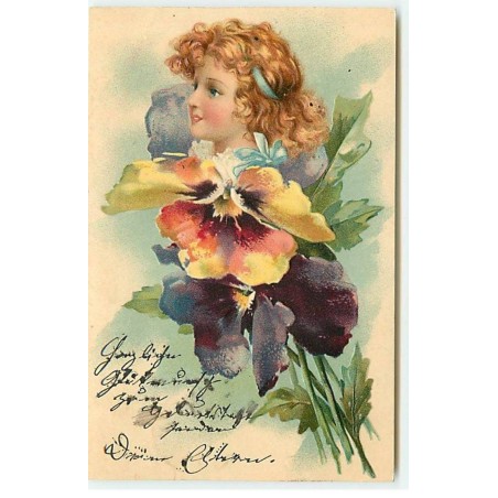 n°20744 - Carte Gaufrée - Clapsaddle - Visage de Fillette au milieu de pensées