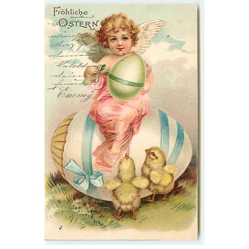 n°20749 - Clapsaddle - Fröhliche Ostern - Ange assis sur un oeuf sous le regard de poussins