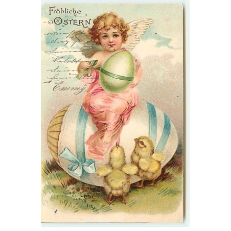 n°20749 - Clapsaddle - Fröhliche Ostern - Ange assis sur un oeuf sous le regard de poussins