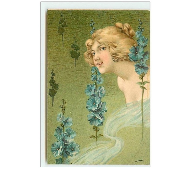 n°11096 - Carte Fantaisie - Portrait de Femme + Fleurs Bleues