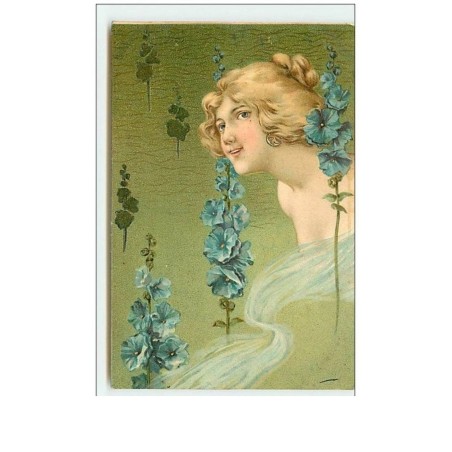 n°11096 - Carte Fantaisie - Portrait de Femme + Fleurs Bleues