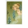 n°11096 - Carte Fantaisie - Portrait de Femme + Fleurs Bleues