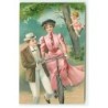n°20764 - Carte Gaufrée - Couple dont Femme sur un vélo - Angelot