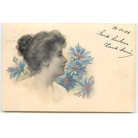 n°20771 - HMB - Portrait de Femme Fleurs Bleues