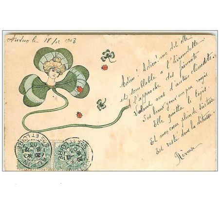 n°11097 - Carte Fantaisie - Femme Trèfle - Coccinelles