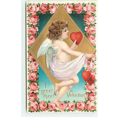 n°20774 - Carte Gaufrée - I Greet Thee Valentine - Angelot avec un Coeur à la Main