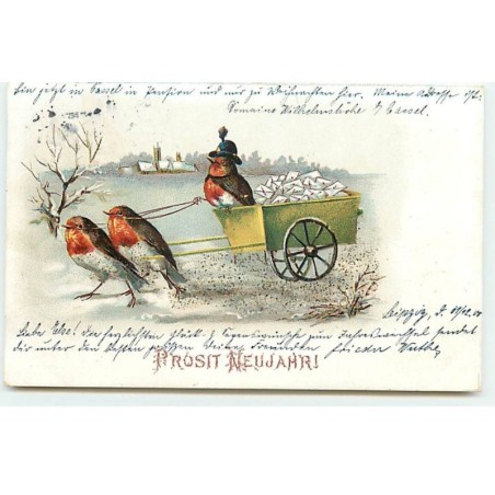 n°20778 - Prosit Neujahr - Attelage d'Oiseaux Humanisés transportant des Lettres - Paillettes