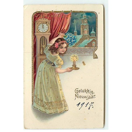 n°20780 - Gelukkig Nieuwjaar - Fillette avec une Bougie ouvrant un Rideau
