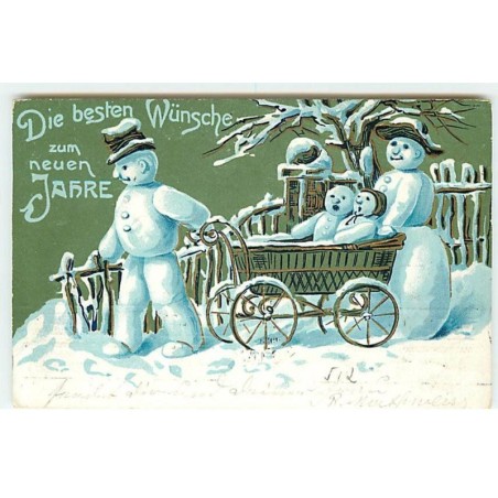 n°20781 - Carte Gaufrée - Die besten Wunsche zum neuen Jahre - Famille de Bonhomme de neige avec un Landau