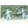 n°20781 - Carte Gaufrée - Die besten Wunsche zum neuen Jahre - Famille de Bonhomme de neige avec un Landau