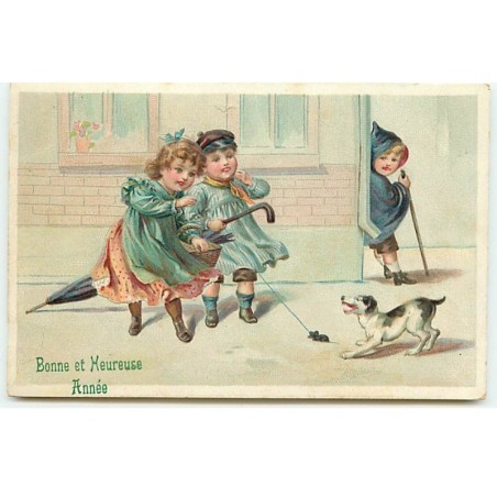 n°20782 - Carte Gaufrée - Bonne et heureuse Année - Enfants jouant avec une souris et un chien