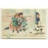 n°20782 - Carte Gaufrée - Bonne et heureuse Année - Enfants jouant avec une souris et un chien