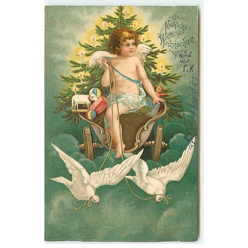 n°20796 - Frohliche Weihnachten - Clapsaddle - Angelot sur un Char tiré par des Colombes