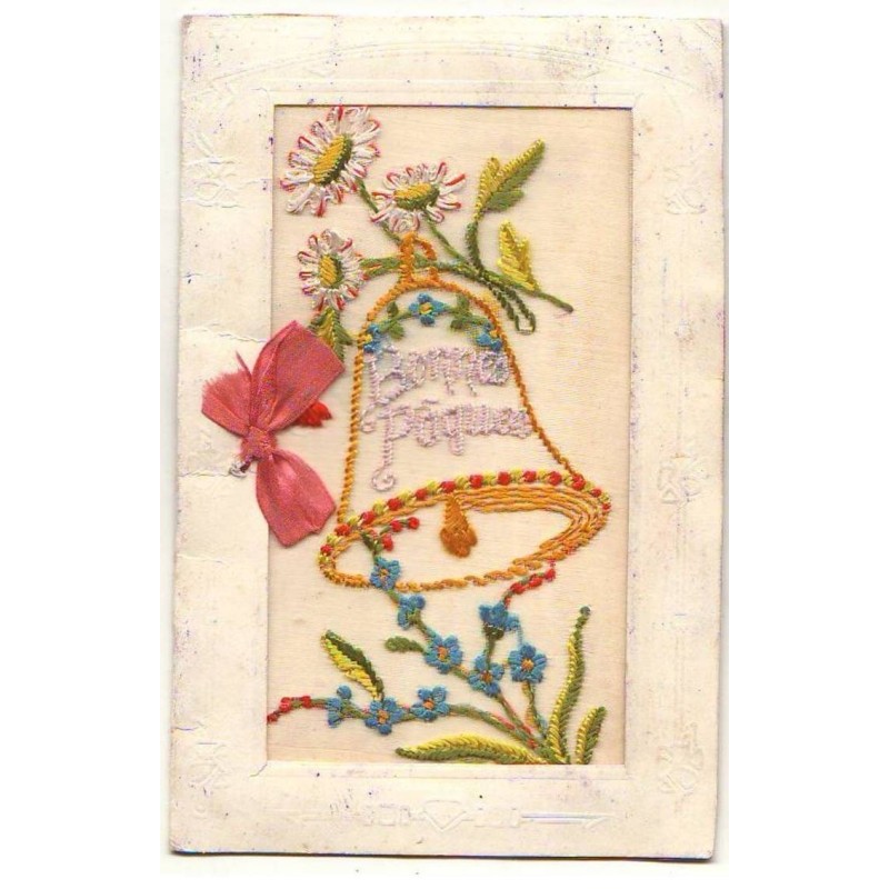 n°20803 - Carte Brodée - Bonnes Pâques - Cloche avec des fleurs