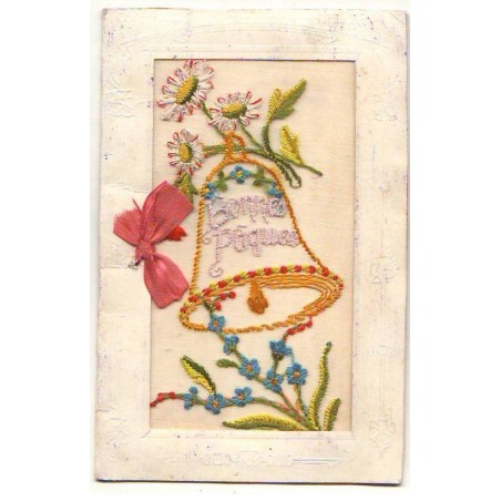 n°20803 - Carte Brodée - Bonnes Pâques - Cloche avec des fleurs