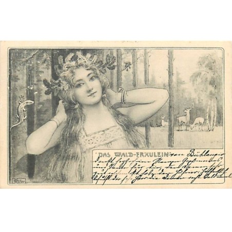 n°20814 - Theo Stroefer Serie 227 n°3 - Das Wald Fräulein - Jeune femme dans un sous-bois, un lézard la regardant
