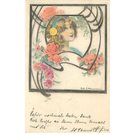n°20818 - Col. J. Neumann - Art Nouveau - Portrait d'une jeune fille entouré de roses