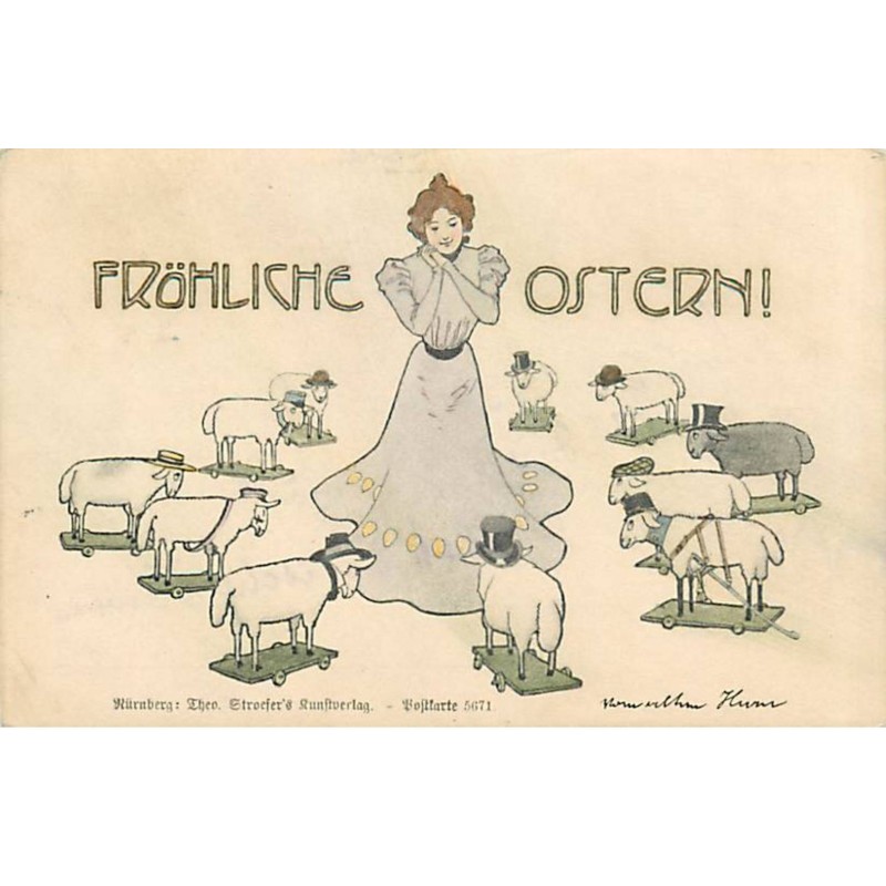 n°20819 - Style Kirchner - Fröhliche Ostern - Jeune femme au milieu de moutons portant des chapeaux
