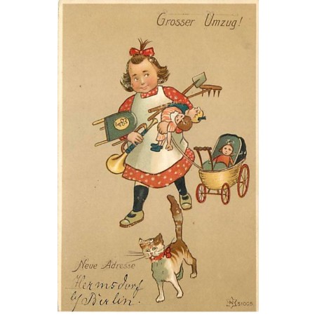 n°20828 - Grosser Umzug - Chat, et fillette avec ses poupées et ses jouets
