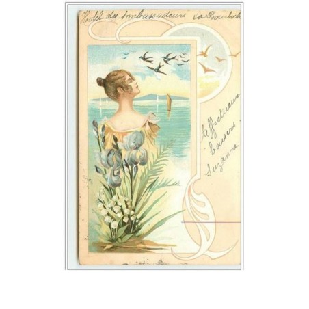 n°2083 - Femme dans un décor Art Nouveau - Iris et muguet